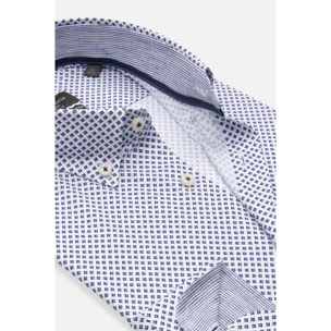 camicia uomo 1 bottone button down slim Popeline Stretch Stampato Bianco e Blu