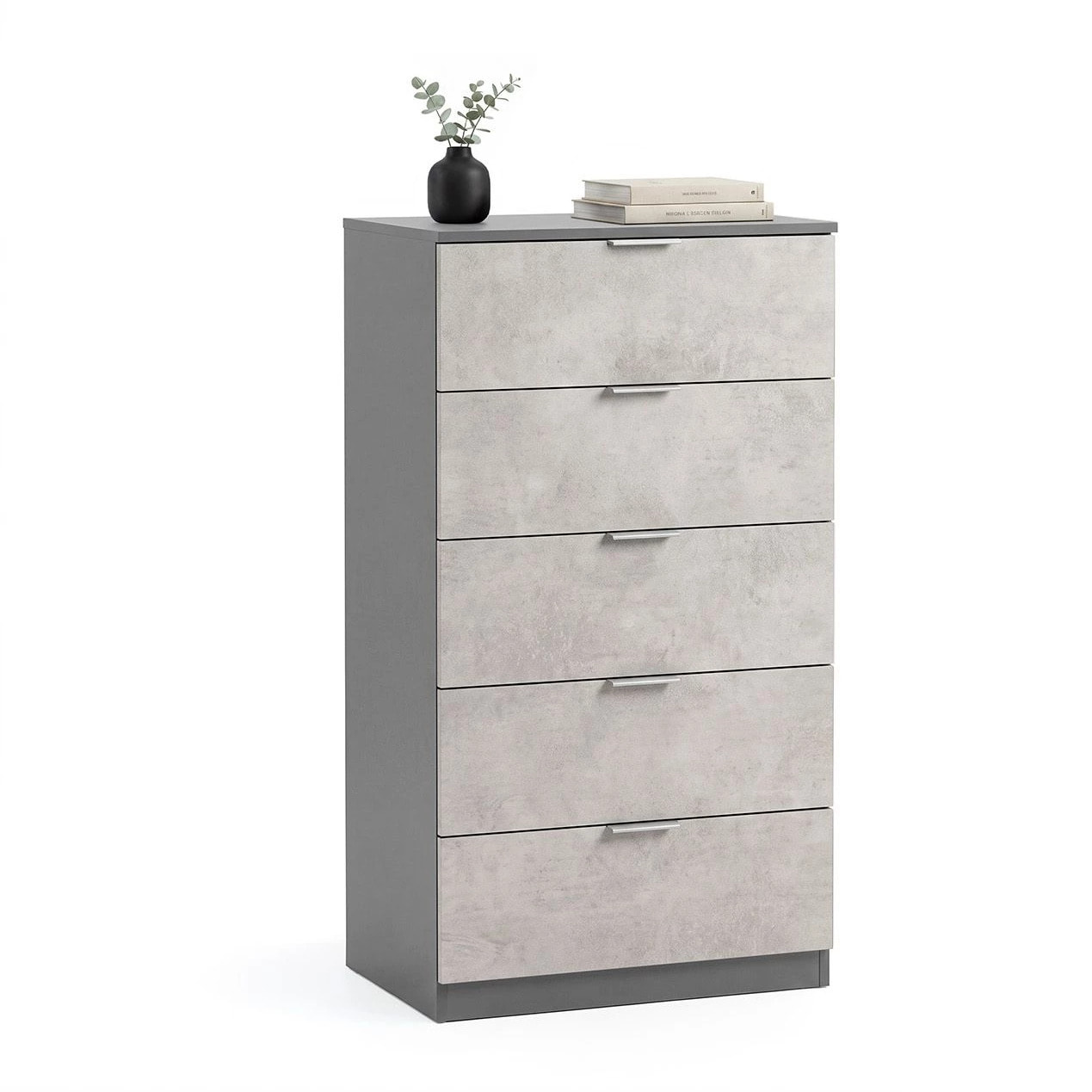 Cómoda alta de 5 cajones en gris grafito y gris cemento 60x110 cm Akari Gris Grafito - Gris Cemento