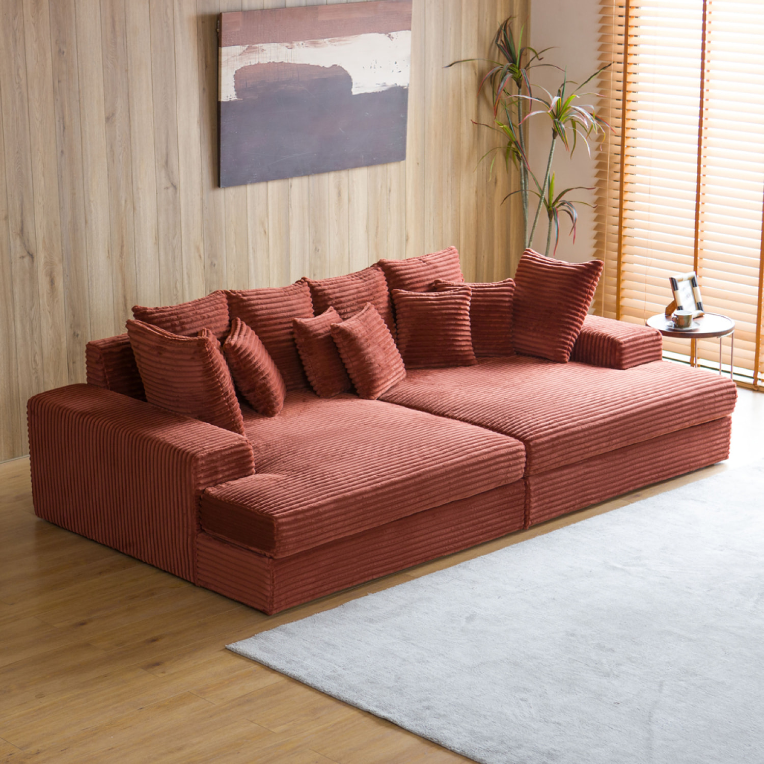 KENDARI Canapé 4 places assise profonde en velours côtelé terracotta