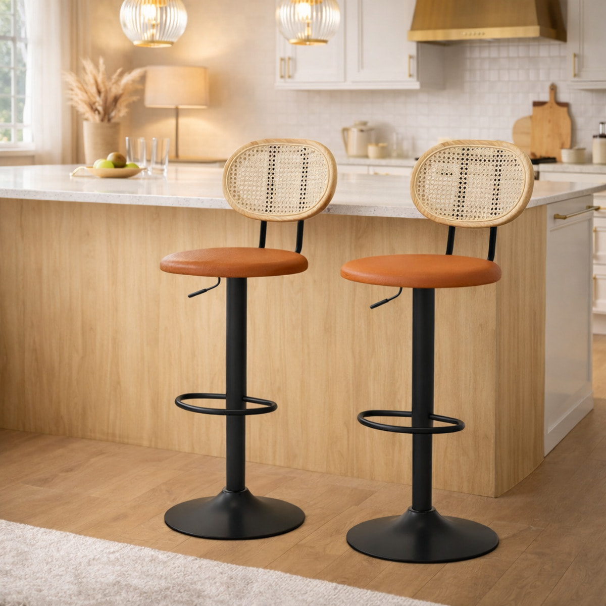 Lot de 2 tabourets de bar – Dossier en rotin – Réglables