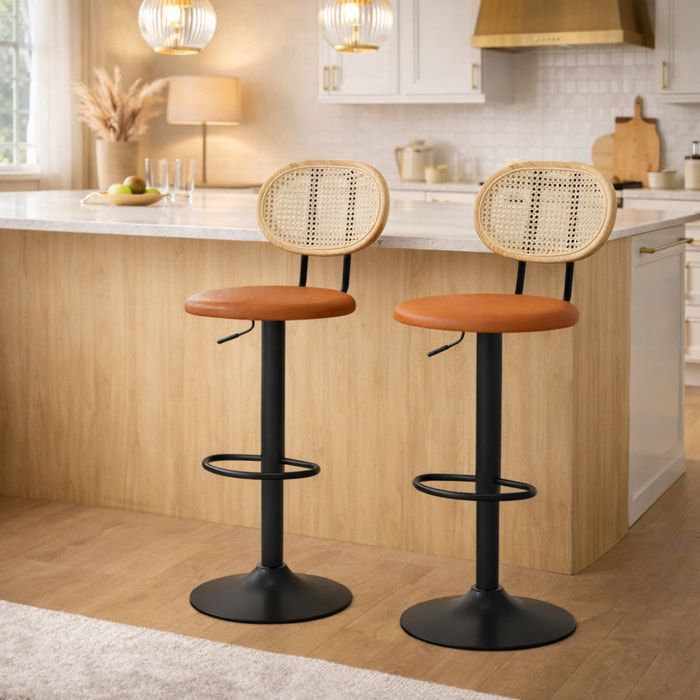 Lot de 2 tabourets de bar – Dossier en rotin – Réglables