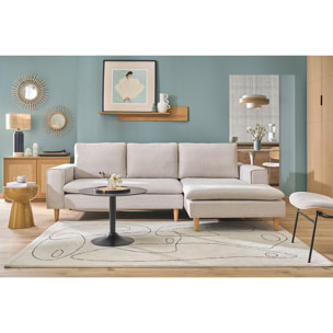 Canapé d'angle droit en tissu effet velours texturé beige et bois clair RAGNAR