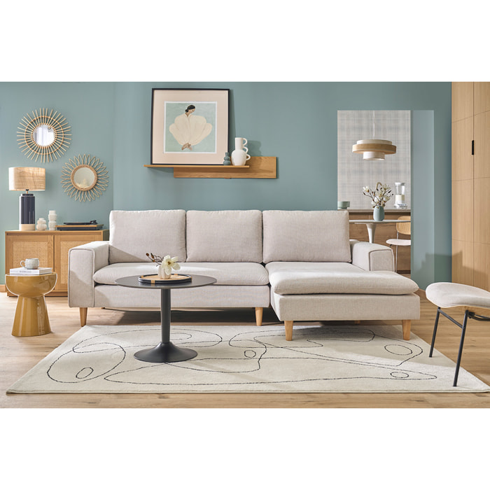 Canapé d'angle droit en tissu effet velours texturé beige et bois clair RAGNAR