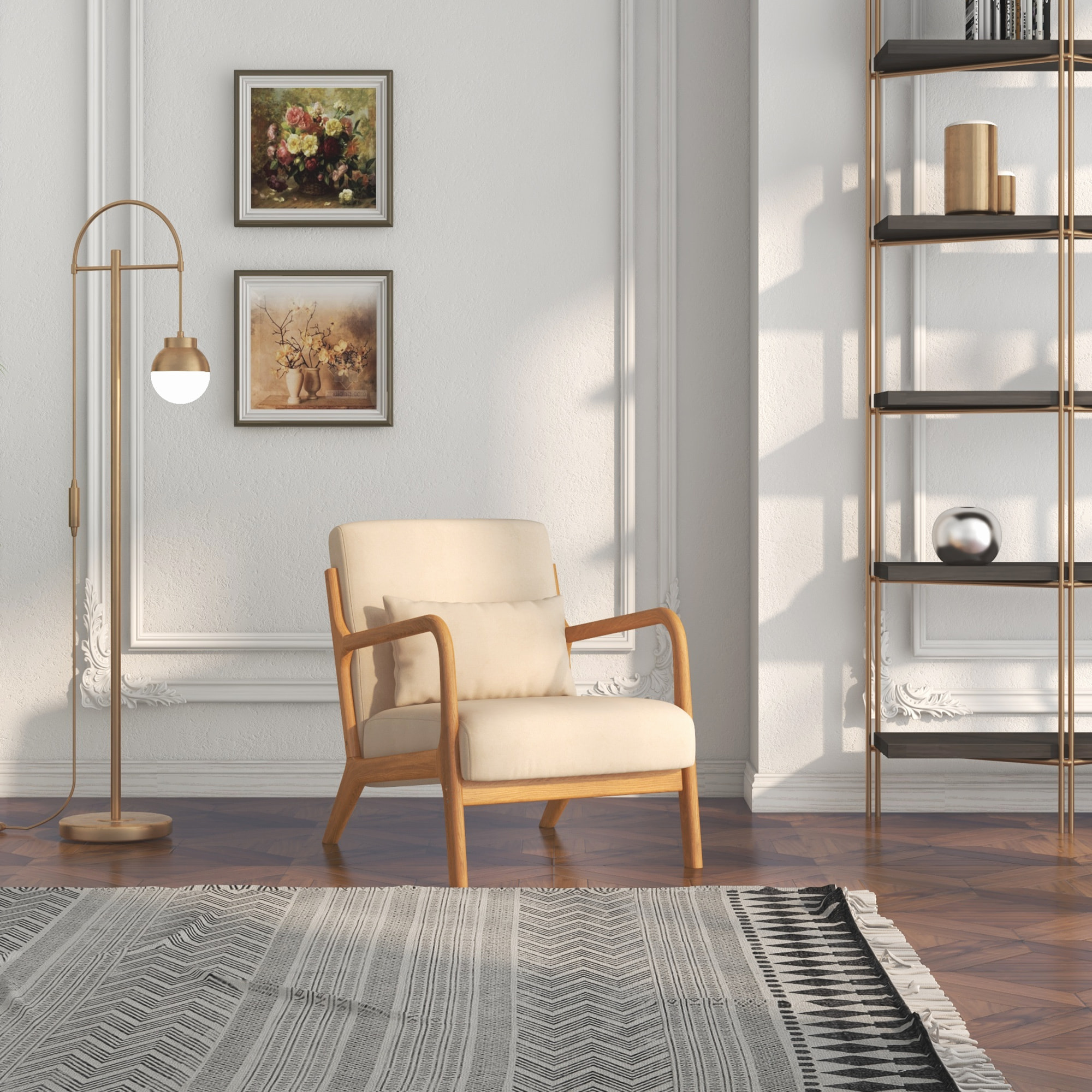 Butaca de Salón Butaca Nórdica Sillón de Salón con Reposabrazos Cojín y Marco de Madera de Caucho para Dormitorio Carga 120 kg 61x78x76 cm Beige