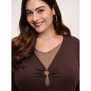 Fiorella Rubino - Camiseta bimaterial con inserto en el escote de pico - Marrón