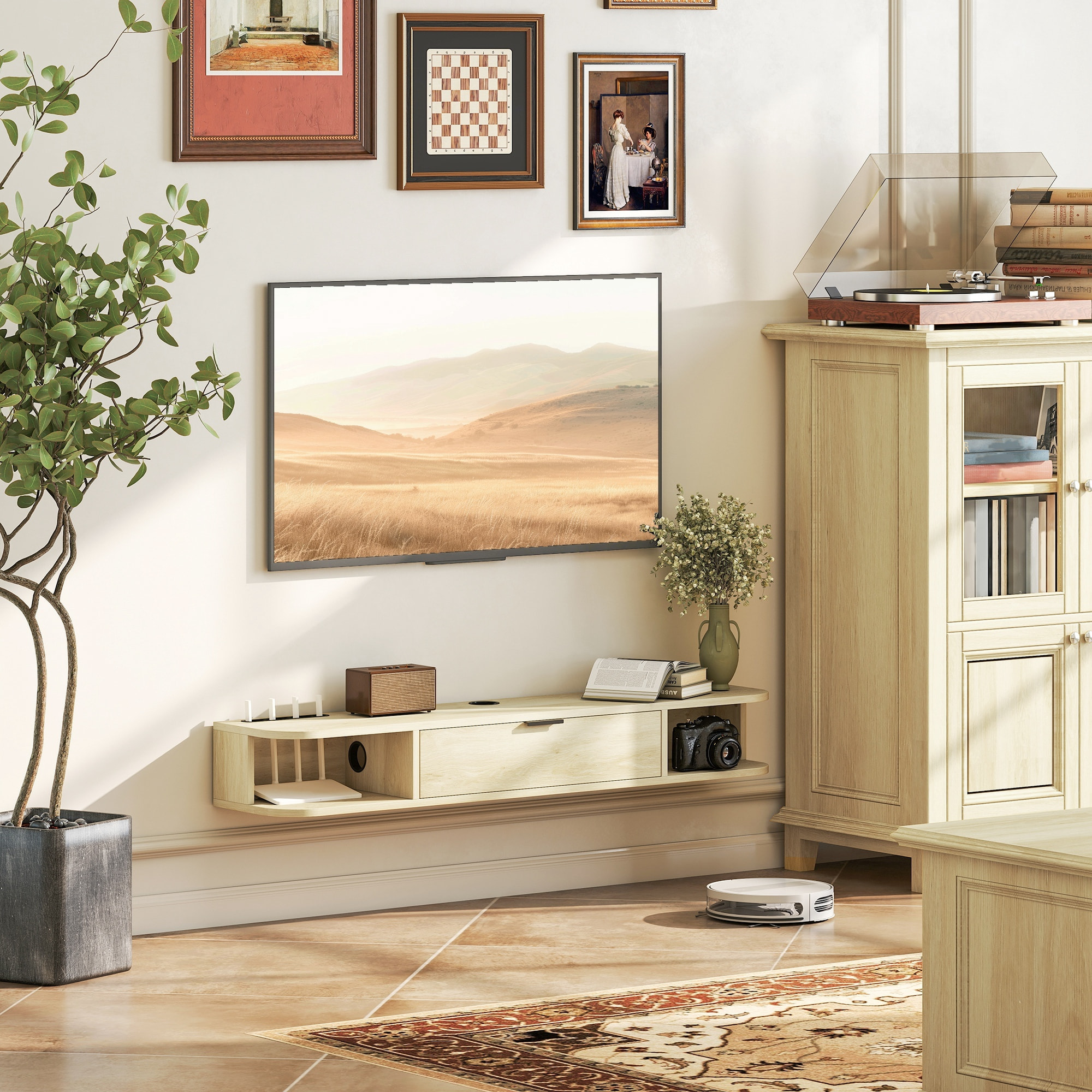 Mueble de TV Suspendido, Mueble de TV para Salón con Cajón Abatible, 2 Estantes Abiertos, Gestión de Cables, Estilo Moderno, para Televisión 50 Pulgadas, 120x24x16 cm, Madera Natural
