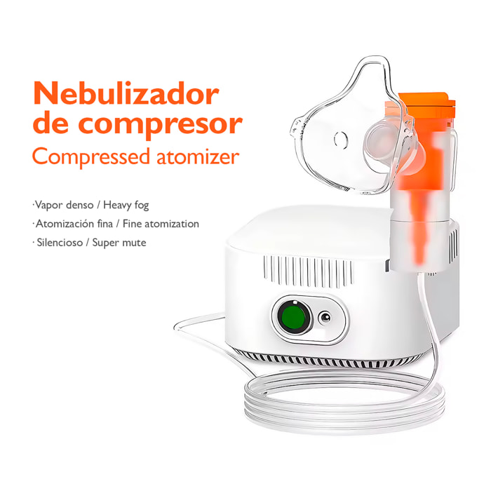 Nebulizador con compresor SL-W310, diseñado para el cuidado del asma, alergias y otros trastornos respiratorios. Incluye mascarilla y boquilla.