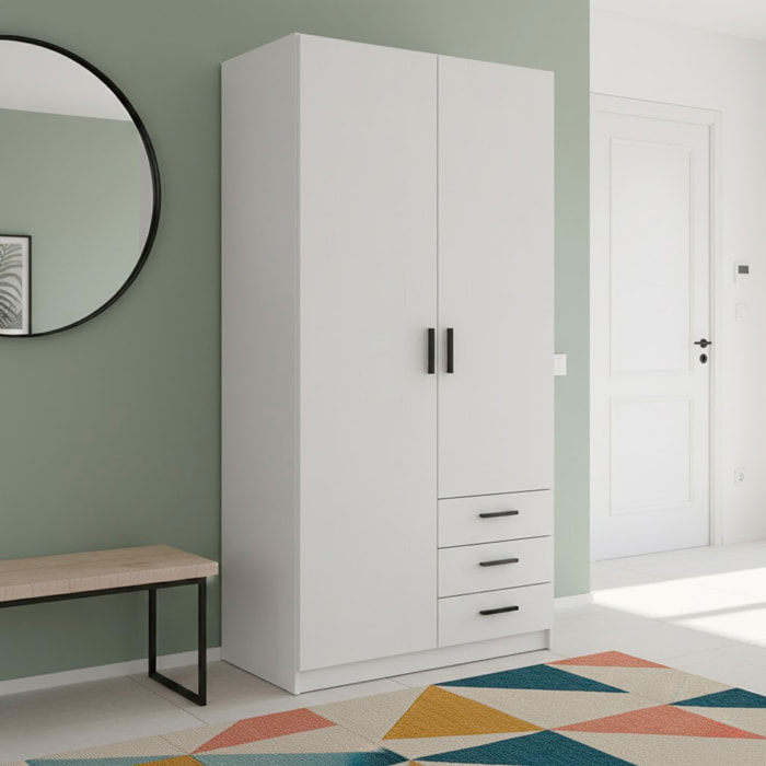 Armadio Con 2 Ante E 3 Cassetti Armadietto Multiuso Con Barra Appendiabiti E 4 Ripiani Di Cui 2 Regolabili Design Moderno 98.5x49.8x200.4 Cm Bianco