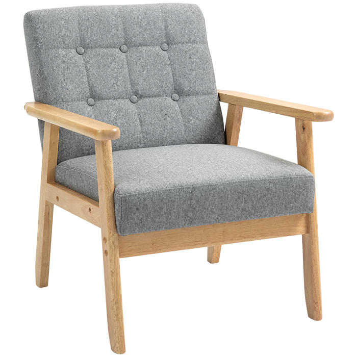 Sillón Individual Sofá Individual Tapizado en Lino con Reposabrazos de Madera Respaldo Acolchado Carga 130 kg Sillón para Salón Dormitorio Gris Claro