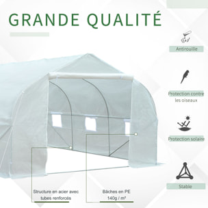 Serre tunnel de jardin dim. 4,45L x 2,99l x 2H m porte + 6 fenêtres enroulables acier galvanisé bâche PE haute densité blanc