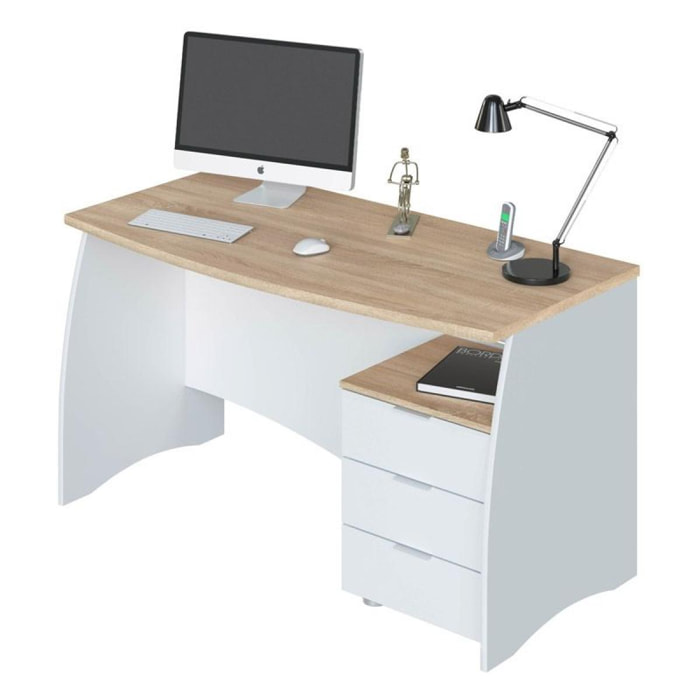 Mesa de escritorio Stil Buc 3 cajones Blanco Artik (Blanco Mate) - Roble Canadian