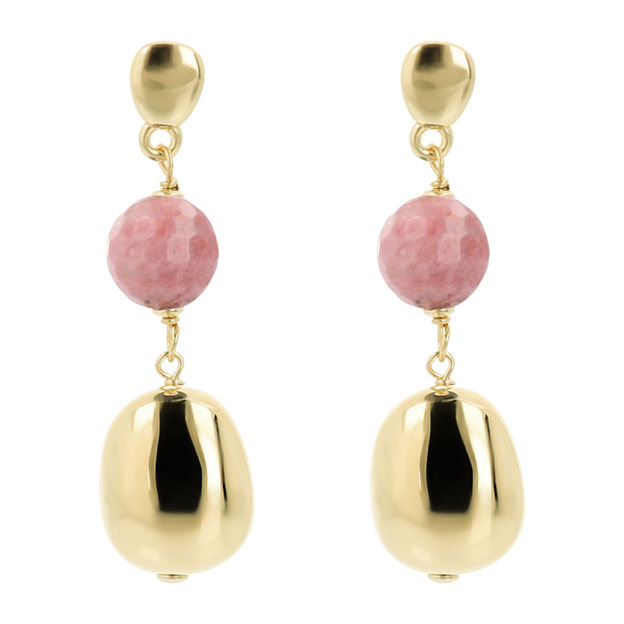 Orecchini Pendenti in Argento 925 placcato Oro Giallo 18Kt con Bead Lucida e Quarzite Rosa