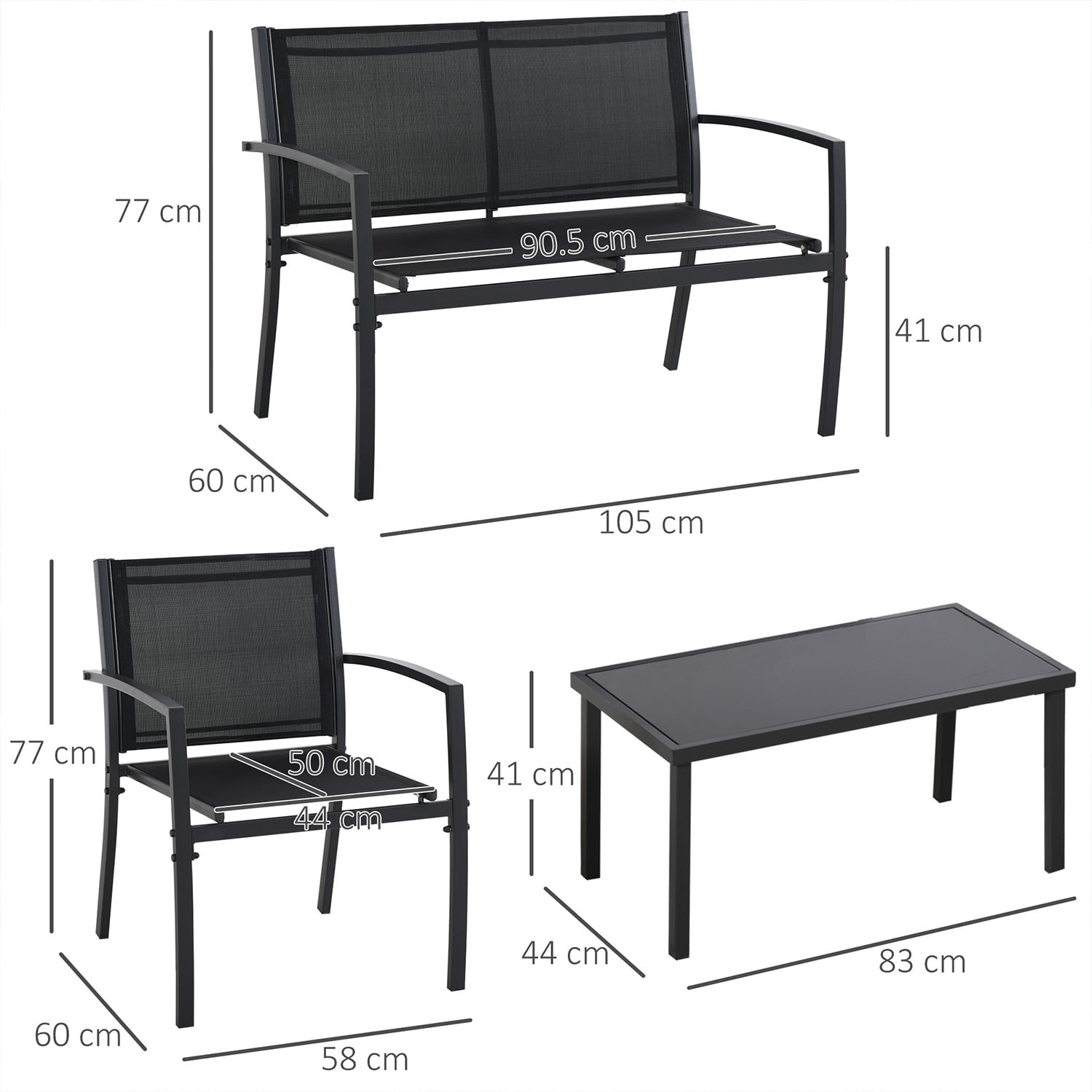 Adelaide - Salottino da giardino di design con divanetto + 2 poltrone + tavolino da caffÃ¨ con ripiano in vetro. Set lounge da esterno 4 pezzi in metallo e textilene. Nero