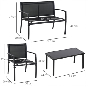 Adelaide - Salottino da giardino di design con divanetto + 2 poltrone + tavolino da caffÃ¨ con ripiano in vetro. Set lounge da esterno 4 pezzi in metallo e textilene. Nero
