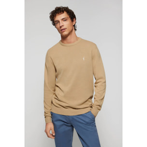 Maglione basic a girocollo color cammello con logo Rigby Go