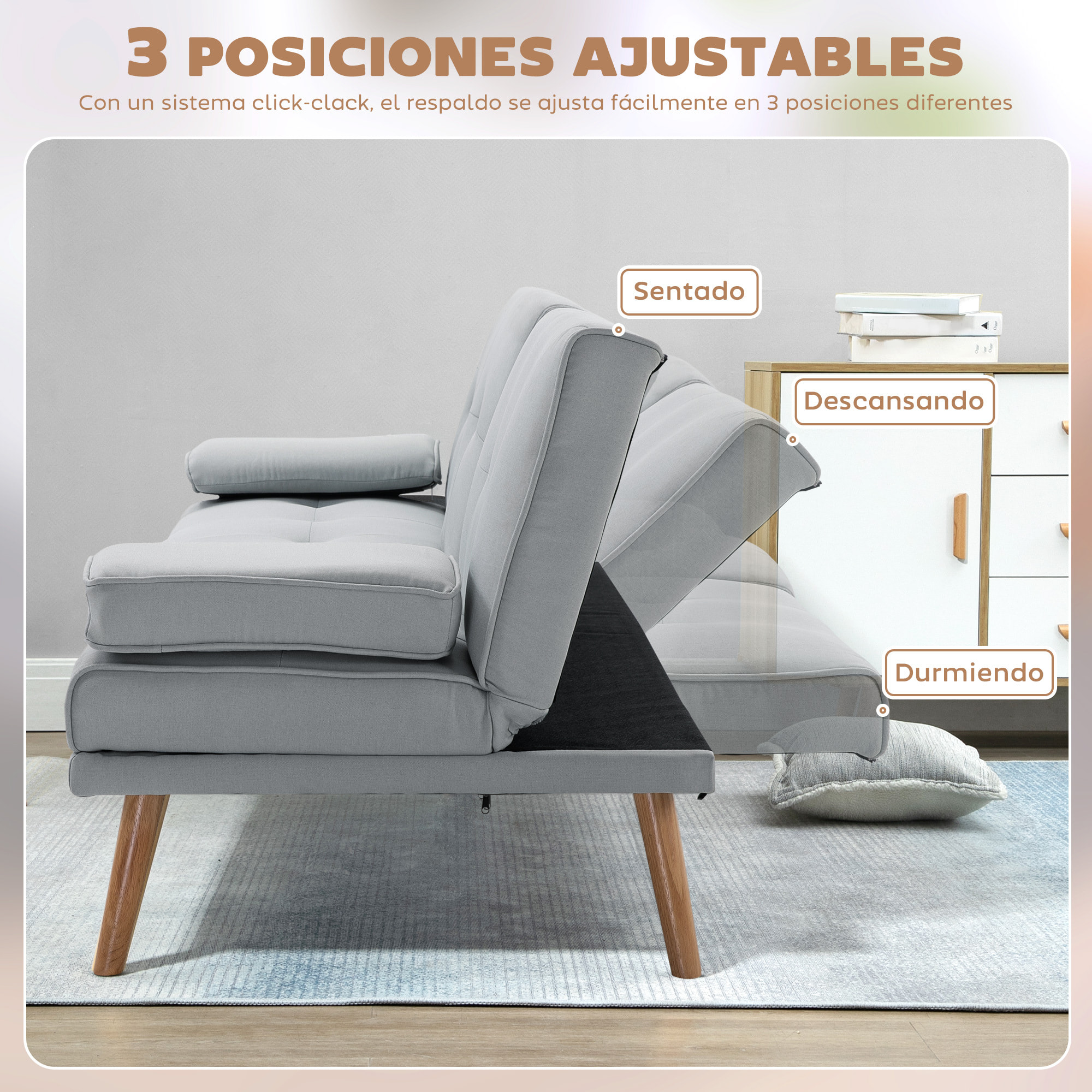 Sofá Cama 3 Plazas, Mesa Abatible con 2 Soportes para Vasos, 181x77x78 cm, Sofá Cama con Respaldo Ajustable, Apertura Clik-Clak, Reposabrazos Desmontables, Patas de Madera, Gris Claro