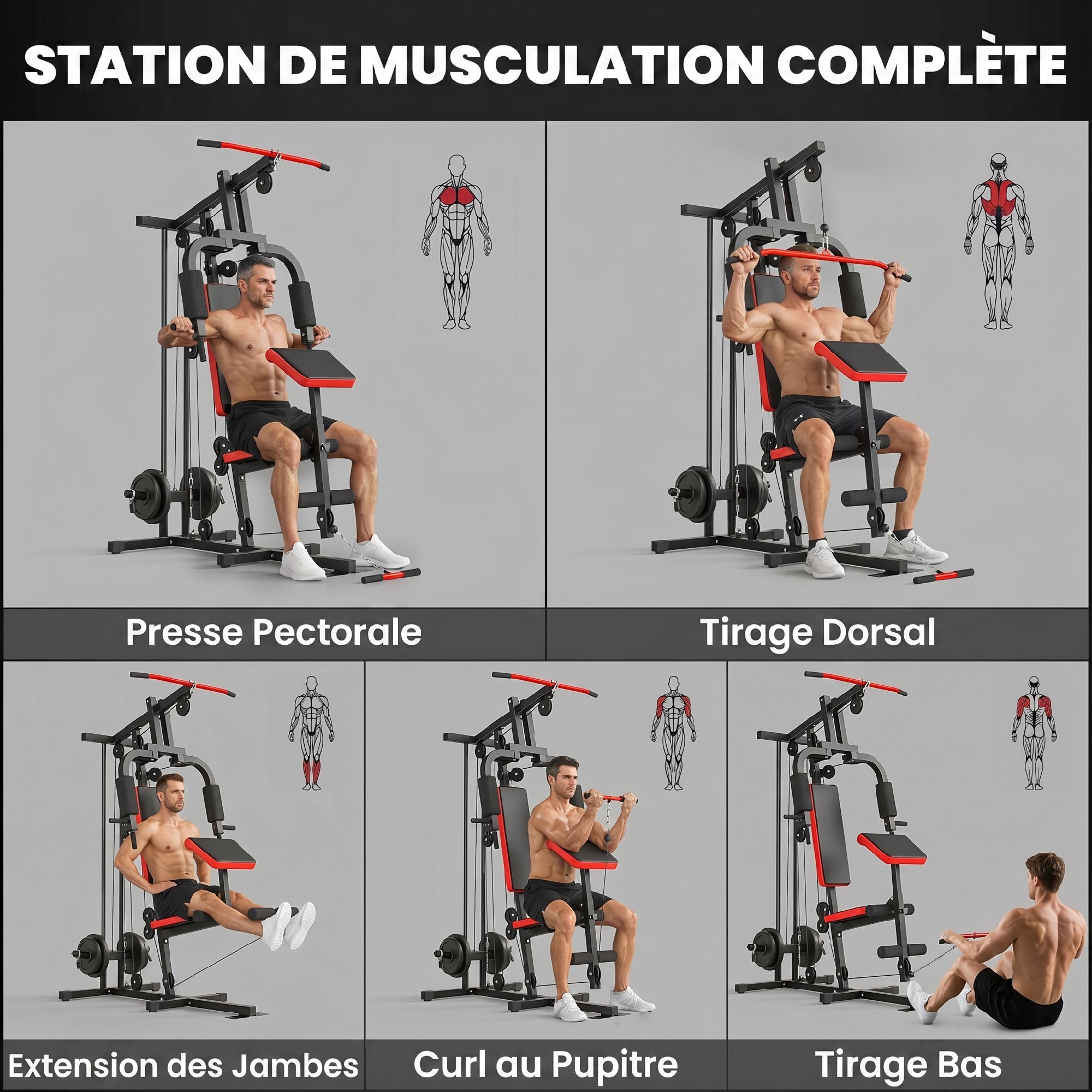 Station de musculation Fitness entrainement complet développé couché butterfly barre latissimus curler