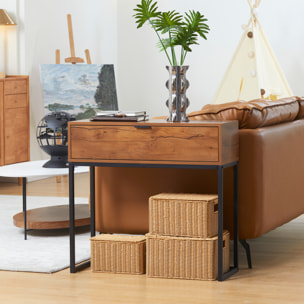 Console design - grand tiroir - dim. 80 x 30 x 76 cm - acier noir effet bois noyer