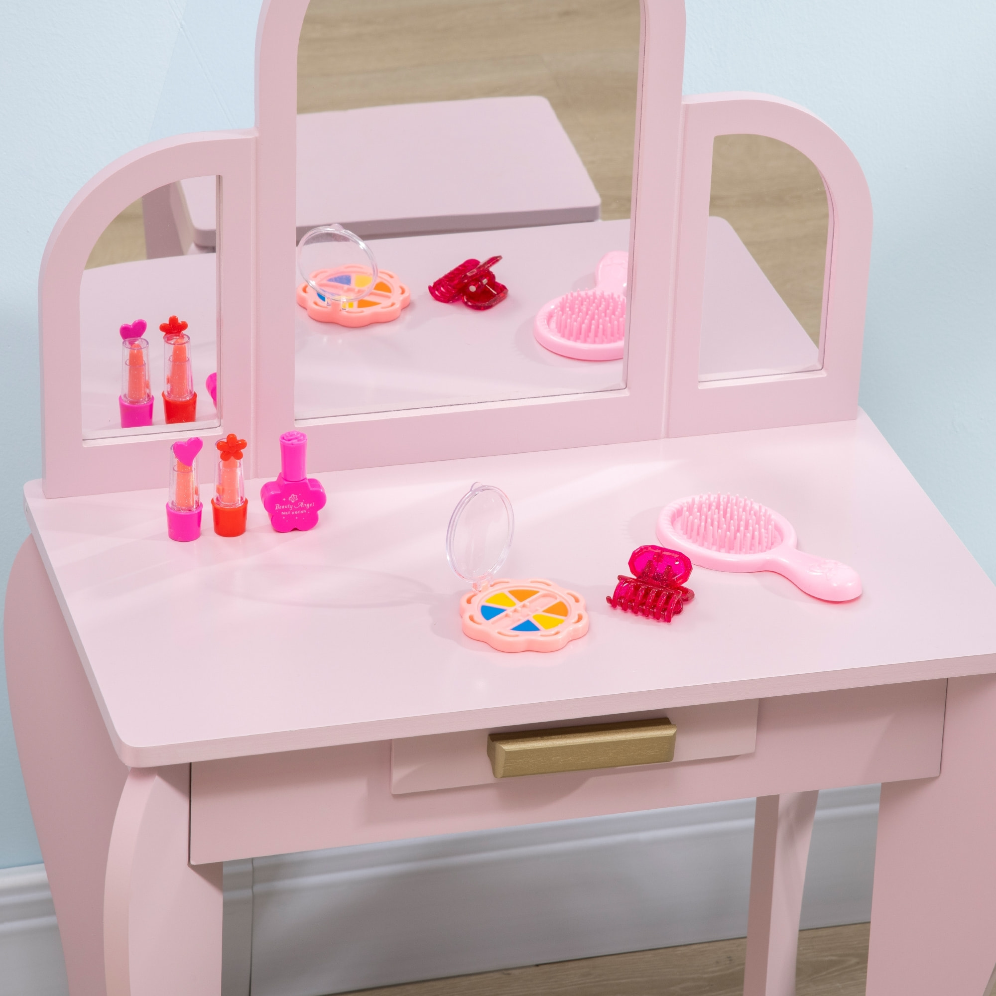 Coiffeuse enfant design girly - tabouret inclus - dim. 52L x 32l x 85H cm - tiroir, 3 miroirs - MDF bois de pin - rose poudré