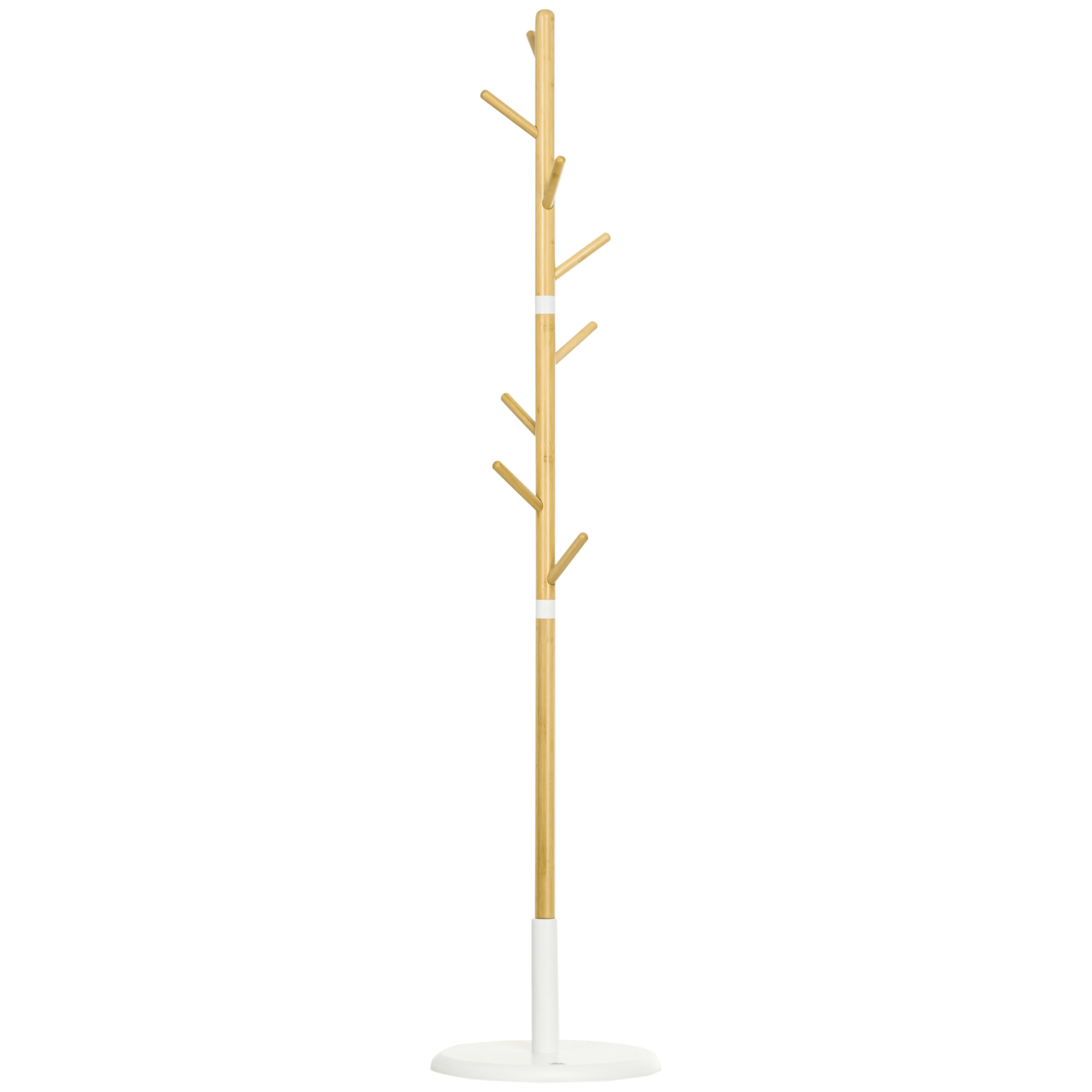 Porte-manteau design scandinave branches 8 patères Ø 37,8 x 175,6H cm piètement métal blanc bois bambou verni