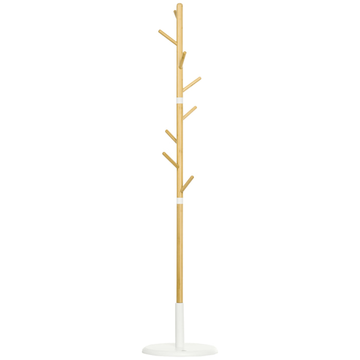 Porte-manteau design scandinave branches 8 patères Ø 37,8 x 175,6H cm piètement métal blanc bois bambou verni