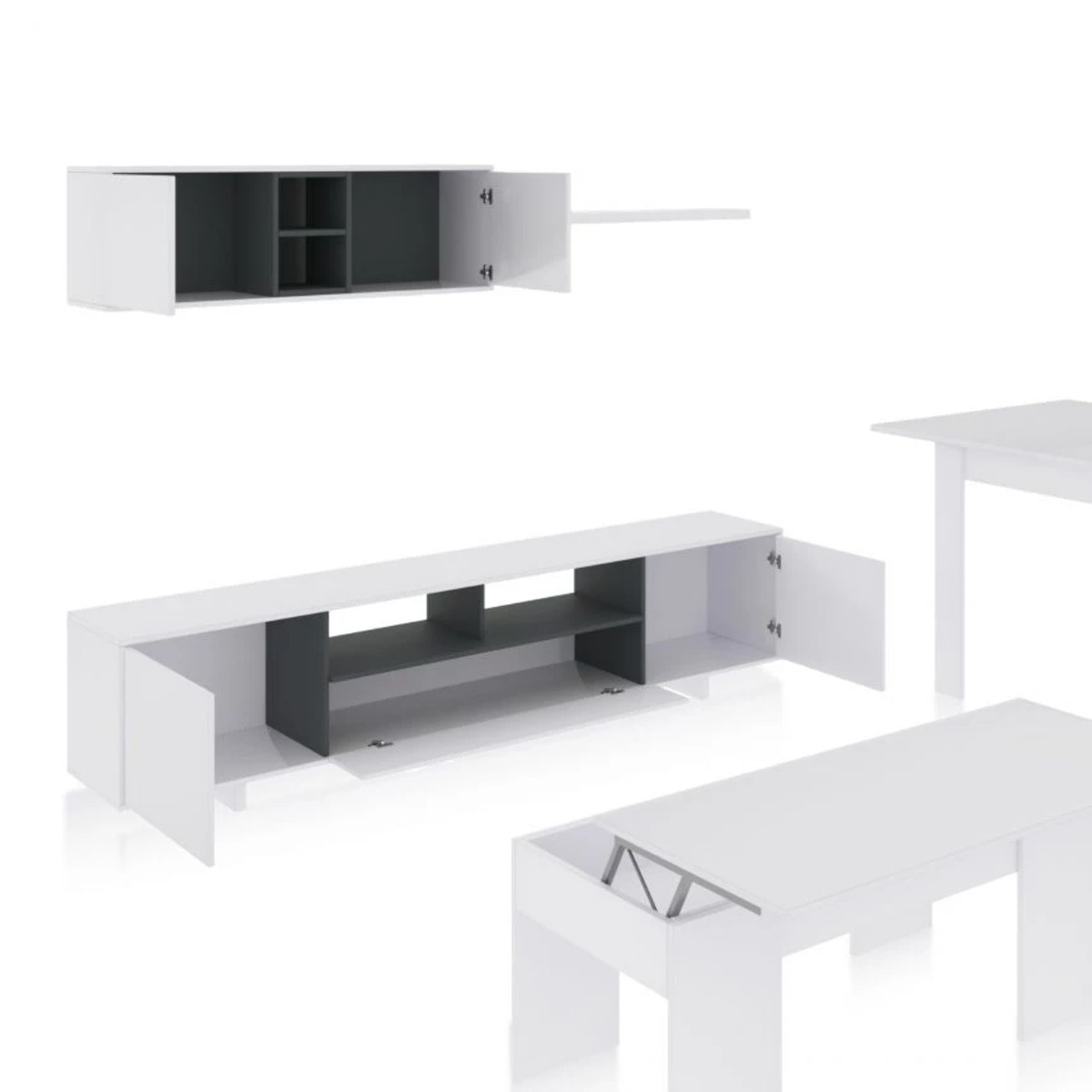 Pack salón con mesa de centro y mesa de comedor Kenzo Max V2B Blanco Brillo - Gris Antracita