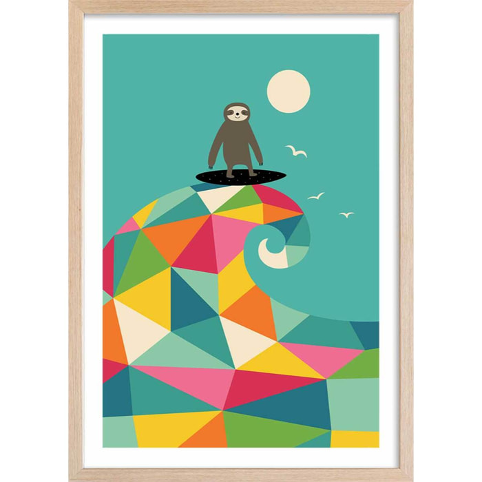 Affiche enfant surf session colorée Affiche + cadre en bois - Chêne