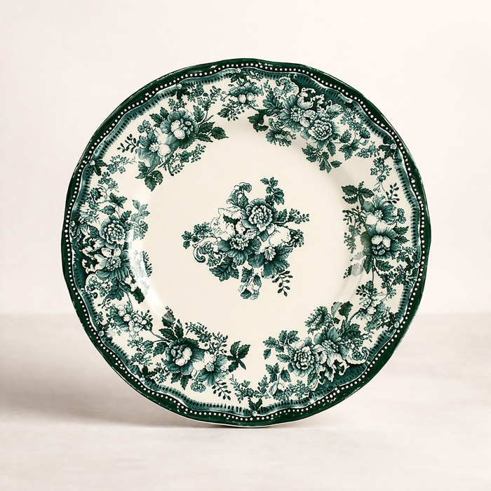 Lot de 6 assiettes plates 26cm fleuries en grès vert  FAUSTINE