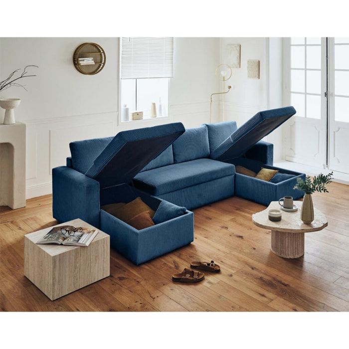 Cyrus - canapé panoramique en U - 7 places - convertible avec coffre - en velours côtelé - Bleu