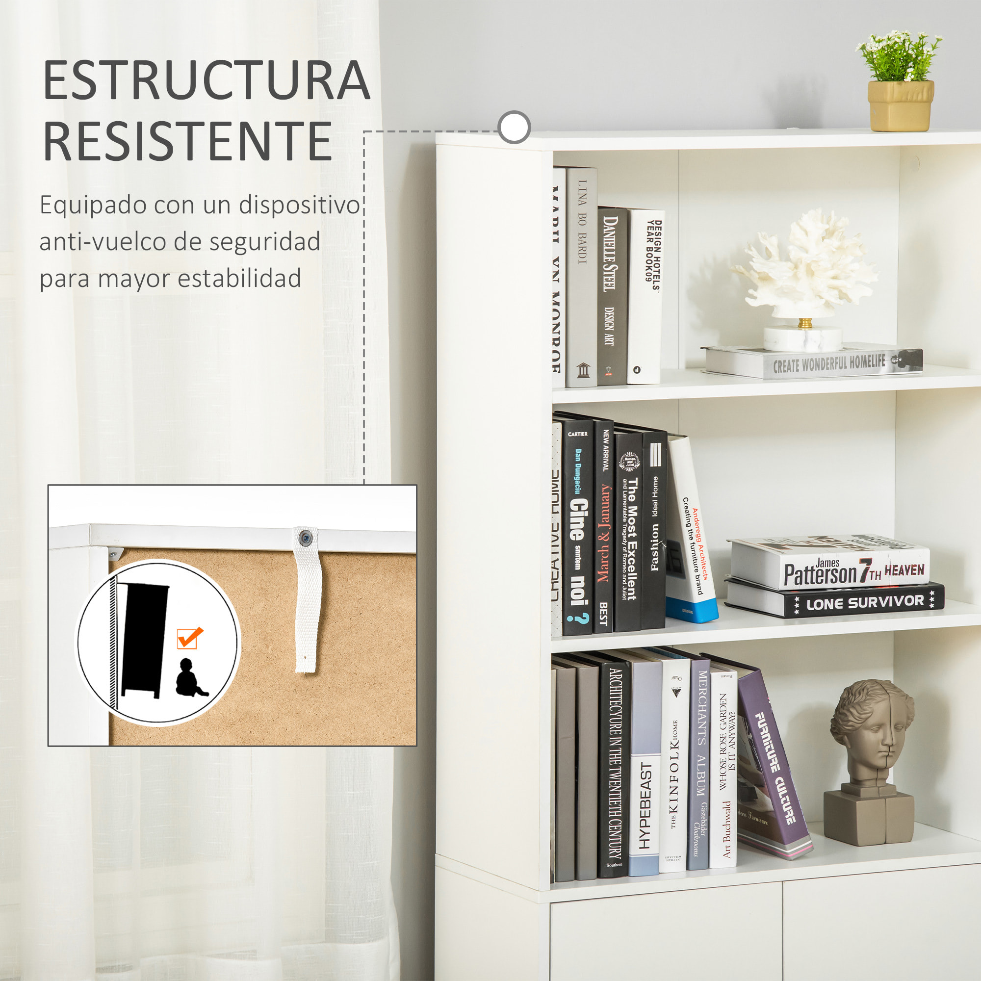 Estantería Librería con 3 Compartimentos Abiertos y 1 Armario con Estante Ajustable Almacenaje para Salón Estudio 70x29,5x167 cm Blanco