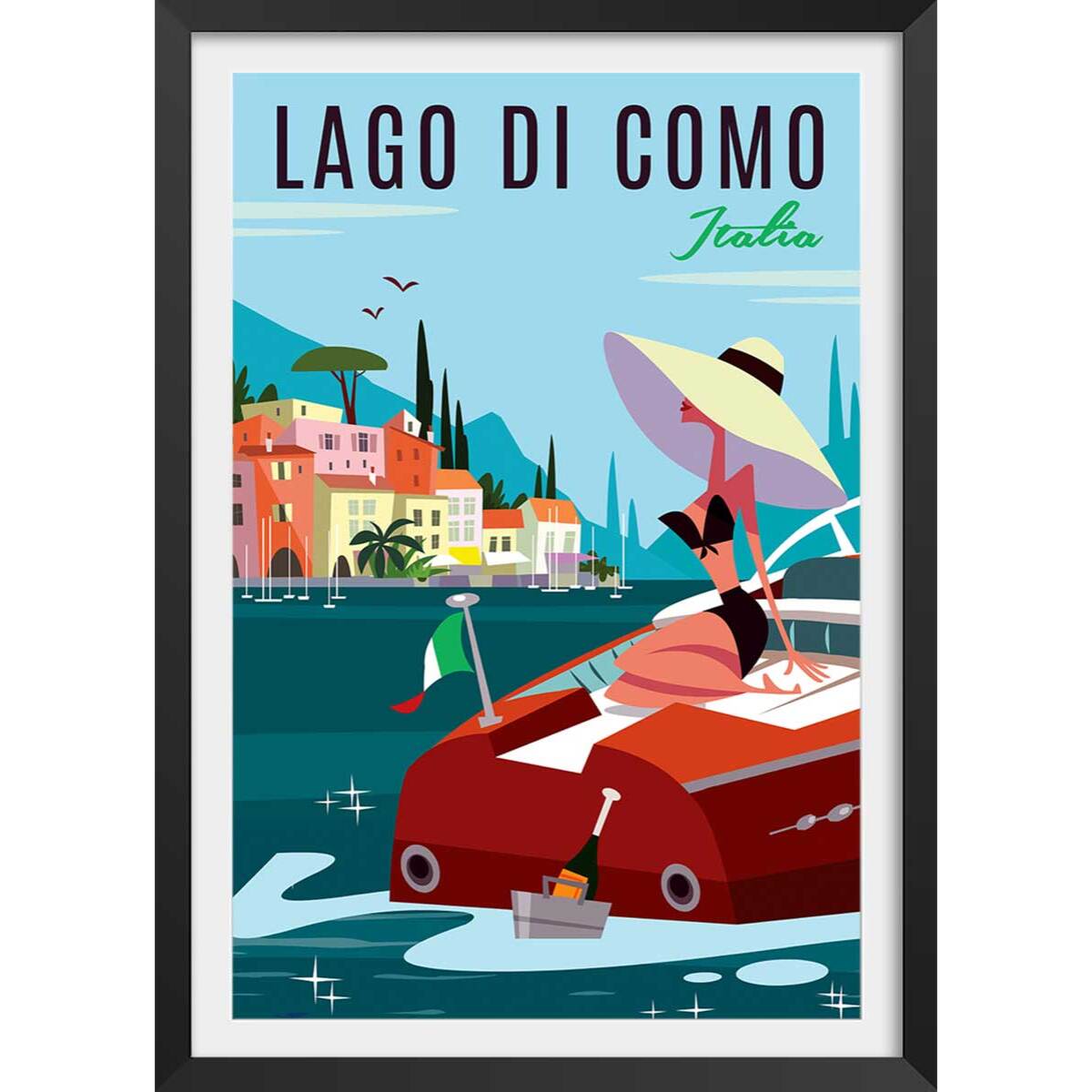Poster retro lac de côme Affiche + cadre en bois - Noir