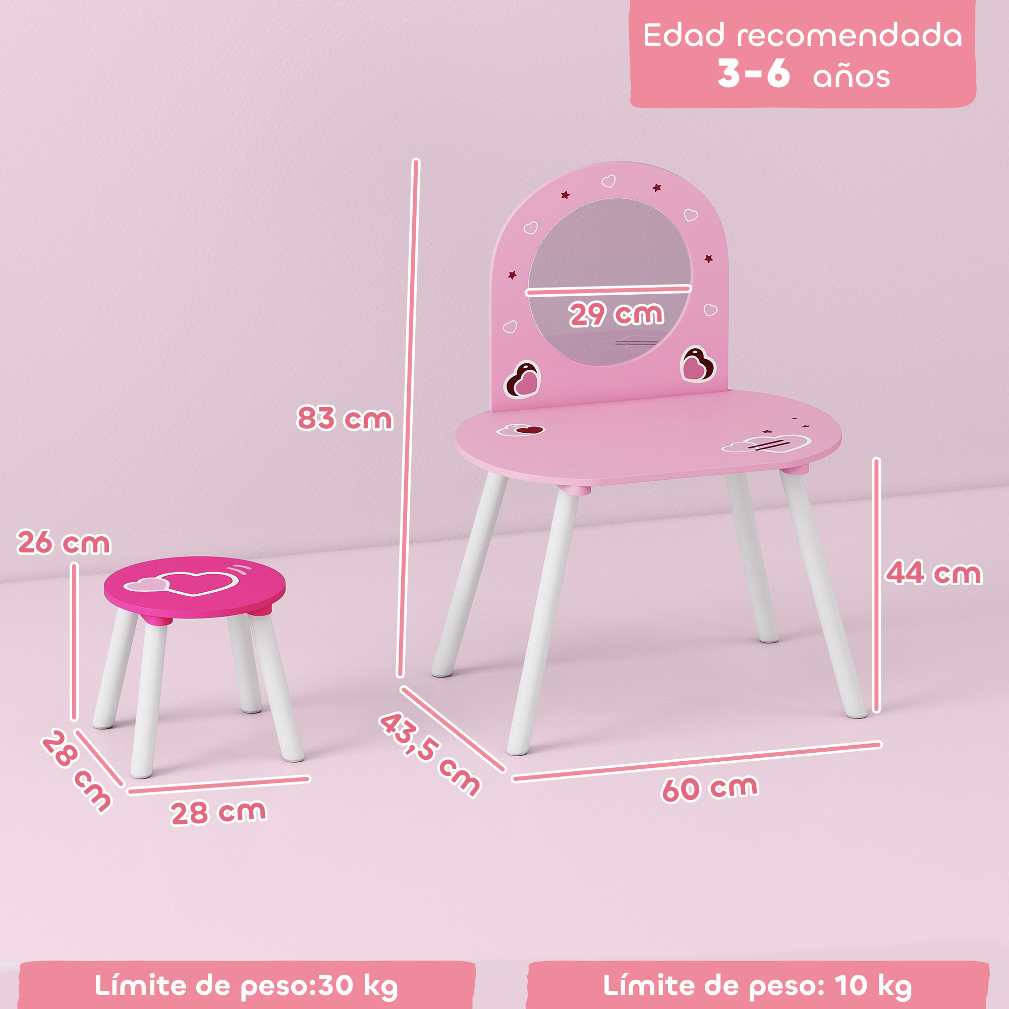 Tocador Infantil con Taburete y Espejo, Tocador para Niñas con Dibujos de Corazones, Mesa de Maquillaje para Niños y Niñas de 3-6 Años, Rosa