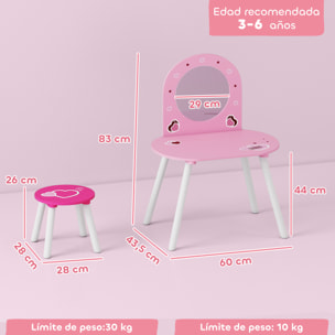 Tocador Infantil con Taburete y Espejo, Tocador para Niñas con Dibujos de Corazones, Mesa de Maquillaje para Niños y Niñas de 3-6 Años, Rosa
