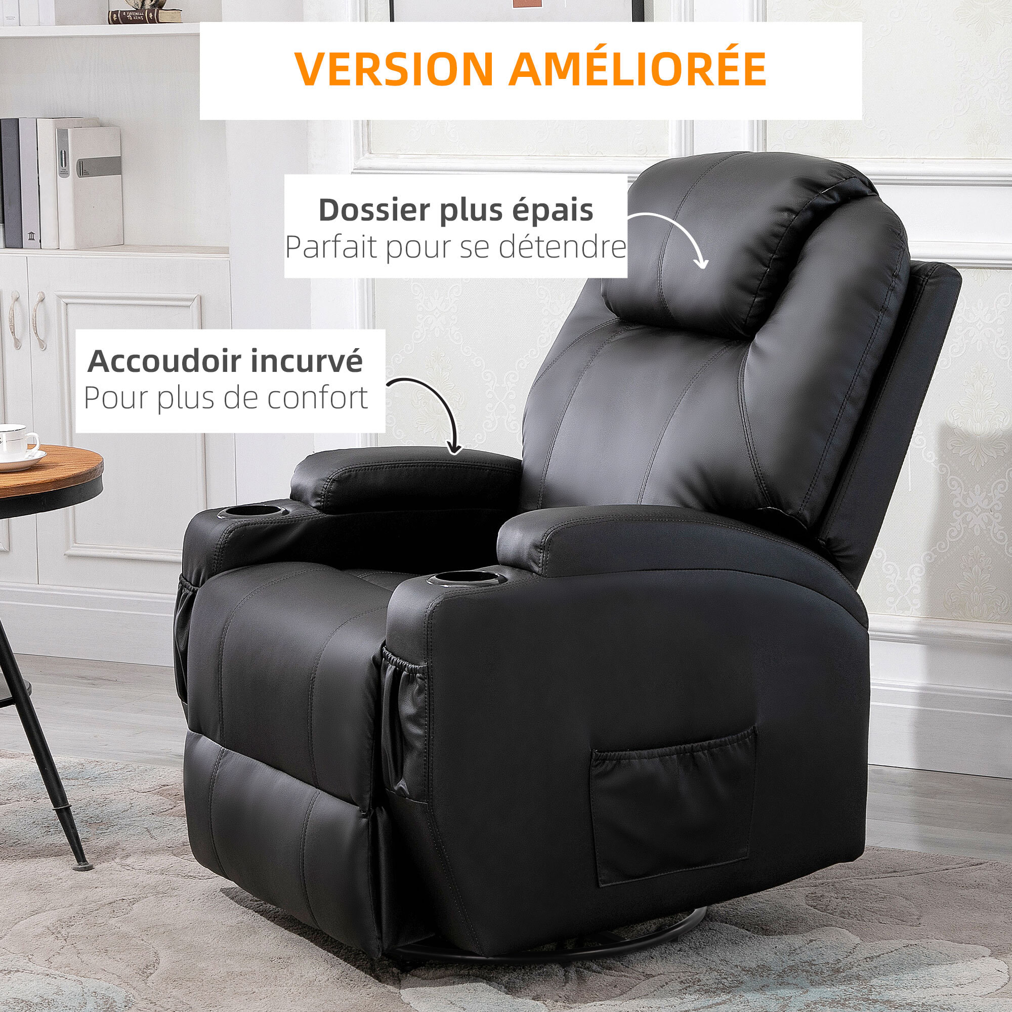 Fauteuil luxe de relaxation et massage inclinaison dossier repose-pied réglable revêtement synthétique noir