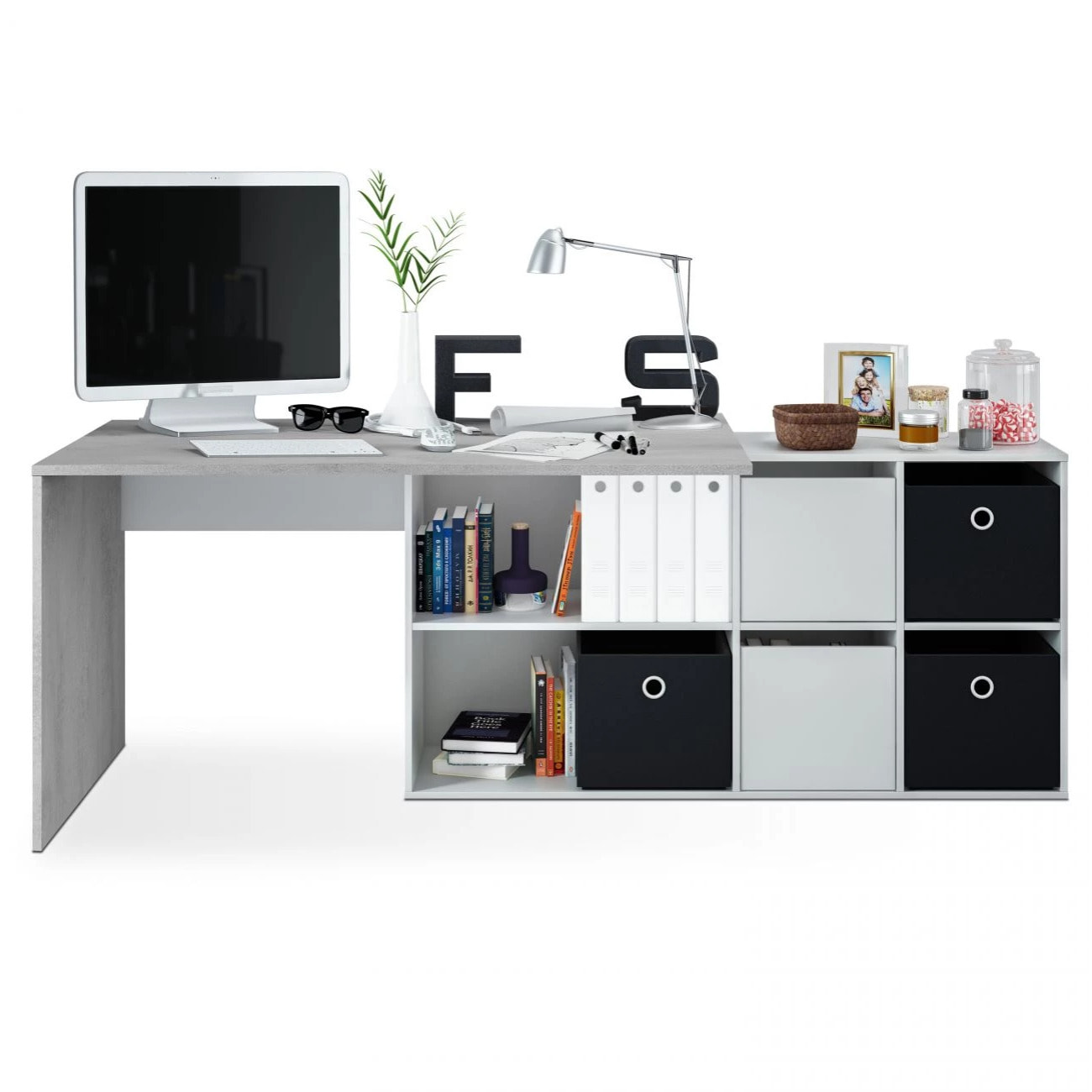 Mesa de escritorio multiposición en blanco mate y gris cemento 136x139 cm Move Blanco Artik (Blanco Mate) - Gris Cemento