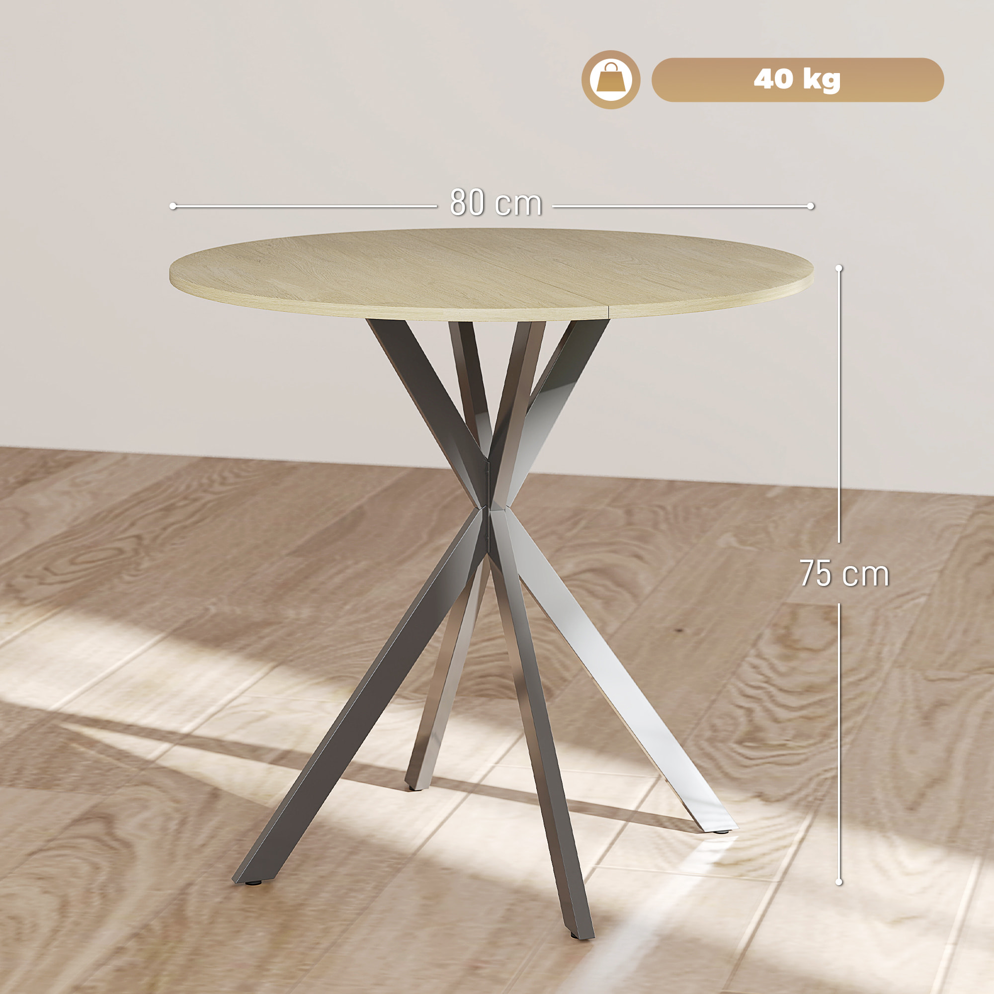 Table ronde bois 2 personnes dia. 80 cm style industriel piètement croisé acier noir
