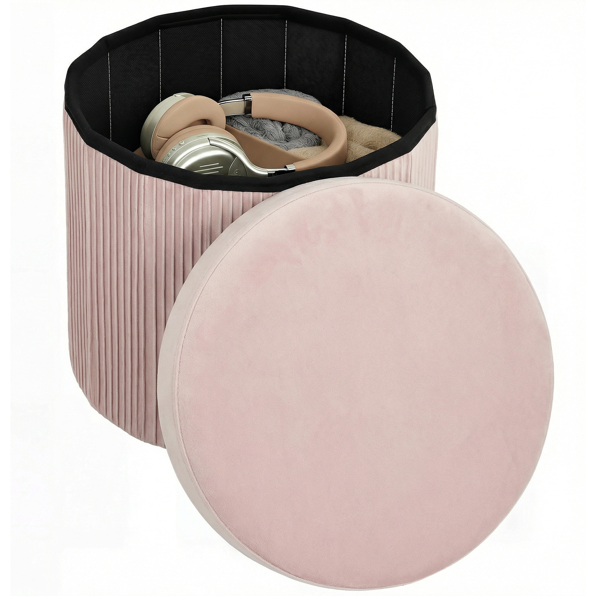 Puff Almacenaje, Banco Almacenaje Plegable, 35 L, 38x38x38 cm, Tapizado en Terciopelo, Baúl de Almacenamiento Redondo, Carga 120 kg, Taburete para Sala de Estar, Dormitorio, Entrada, Rosa