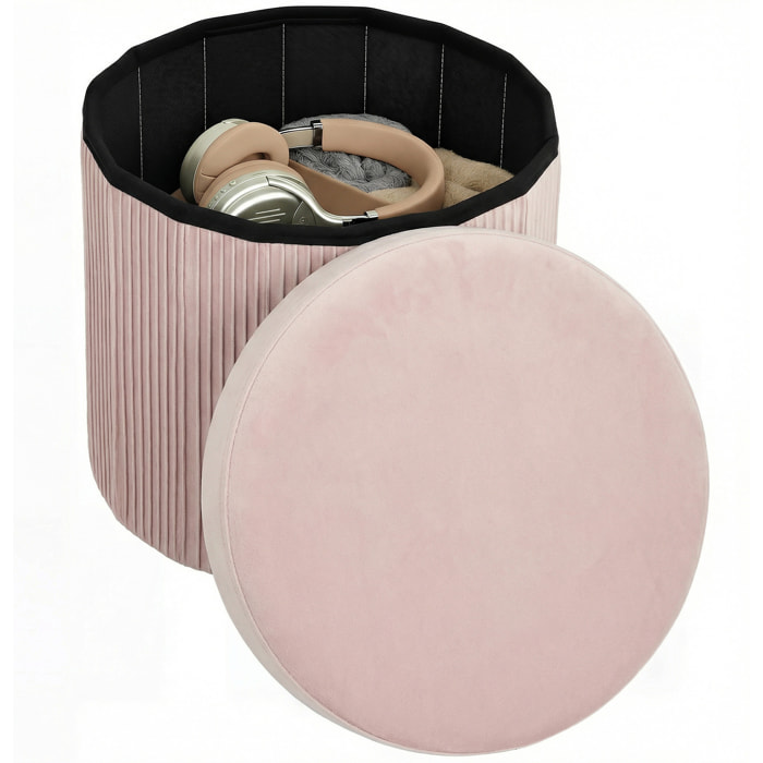 Puff Almacenaje, Banco Almacenaje Plegable, 35 L, 38x38x38 cm, Tapizado en Terciopelo, Baúl de Almacenamiento Redondo, Carga 120 kg, Taburete para Sala de Estar, Dormitorio, Entrada, Rosa