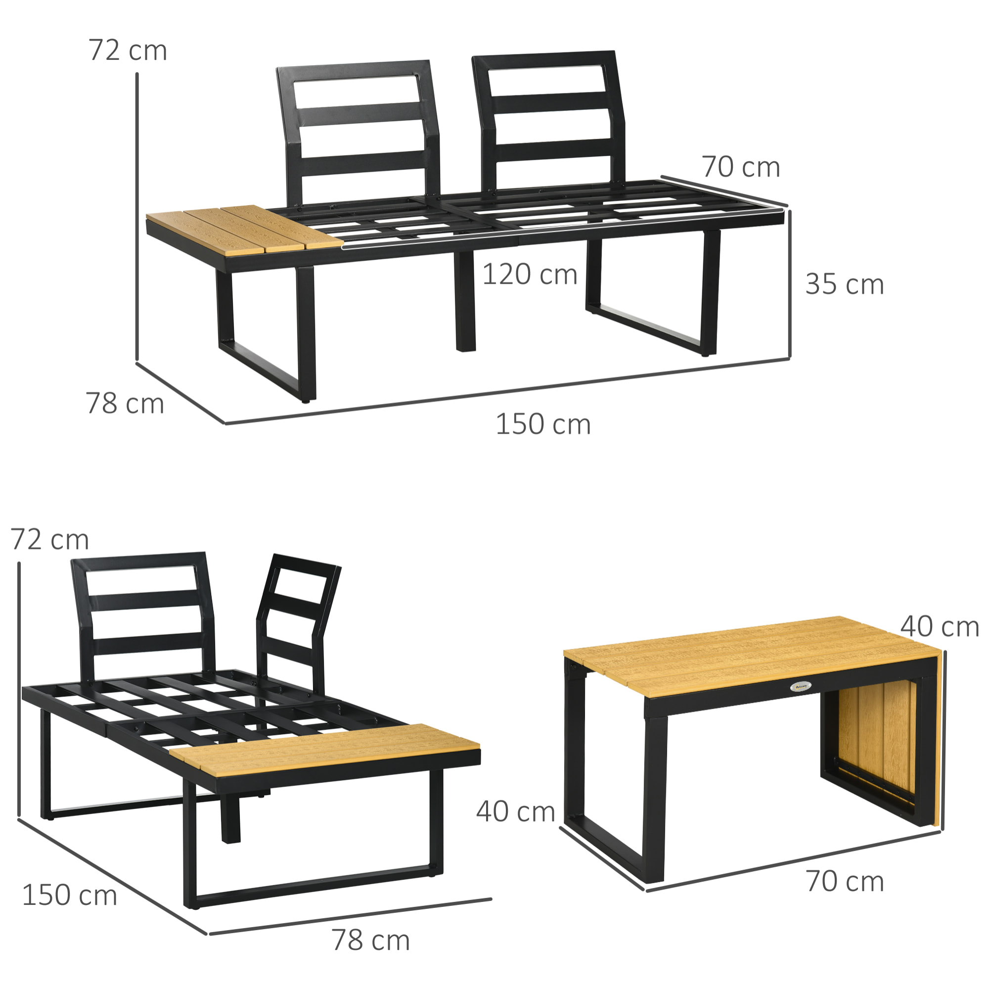 Conjunto de Muebles de Jardín de Aluminio 3 Piezas Juego de Conversación Incluye 2 Sofás Esquineros con Cojines Mesa de Plástico Madera Gris