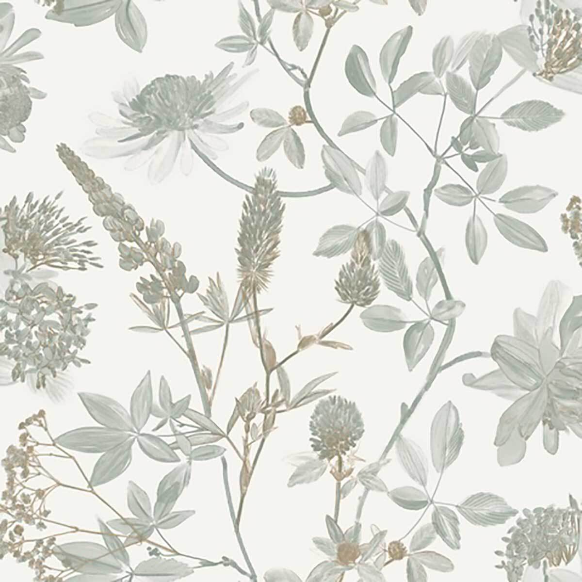Papier peint floral botanique vert sauge fond blanc