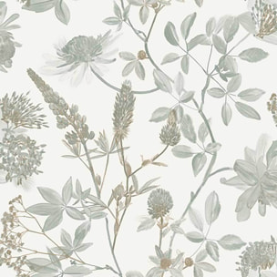 Papier peint floral botanique vert sauge fond blanc