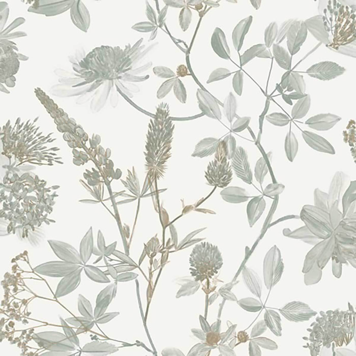 Papier peint floral botanique vert sauge fond blanc