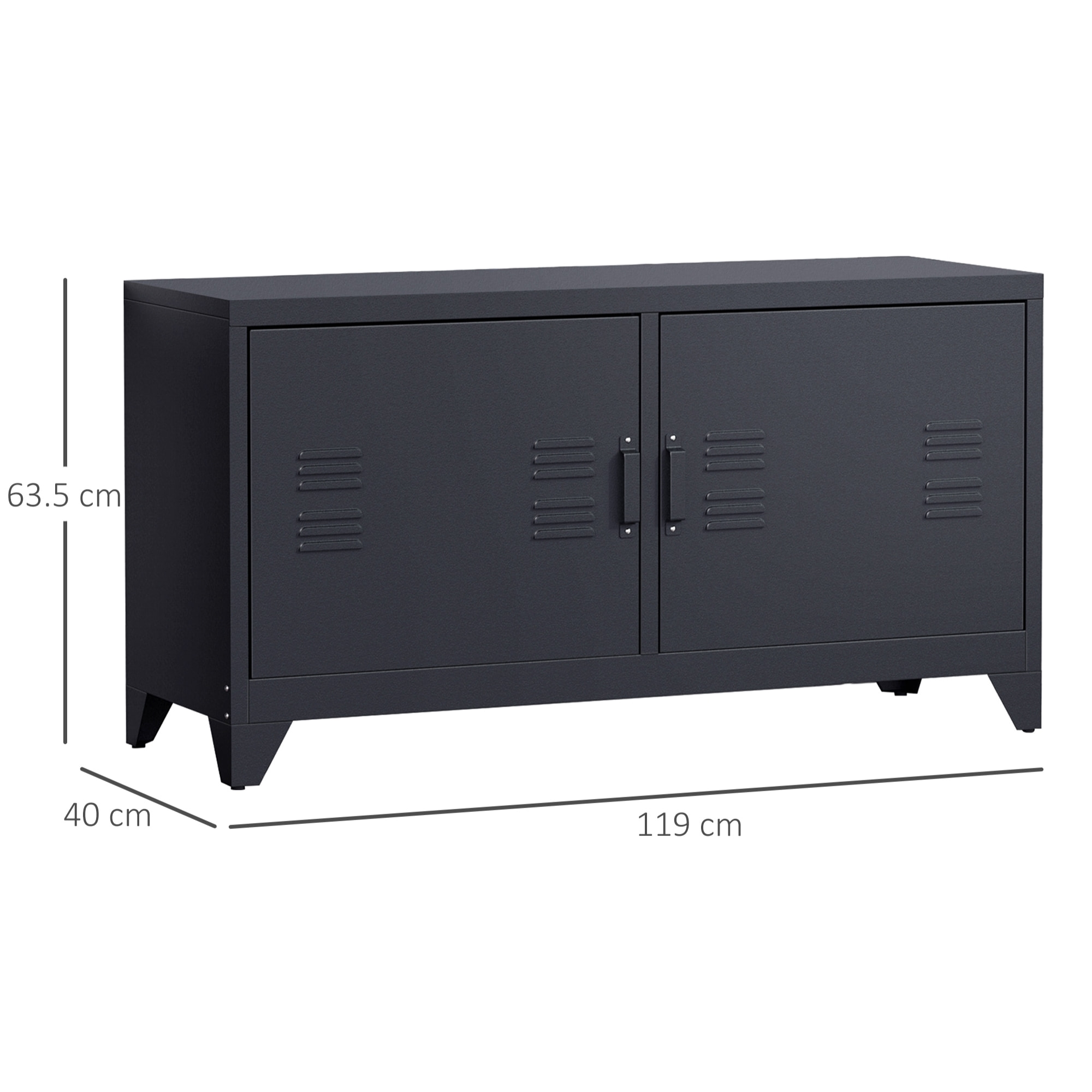 Meuble TV banc TV design industriel - 2 placards, 2 étagères, 4 passe-fils - tôle métal noir