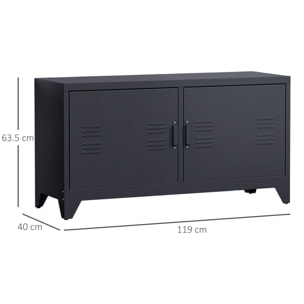 Meuble TV banc TV design industriel - 2 placards, 2 étagères, 4 passe-fils - tôle métal noir
