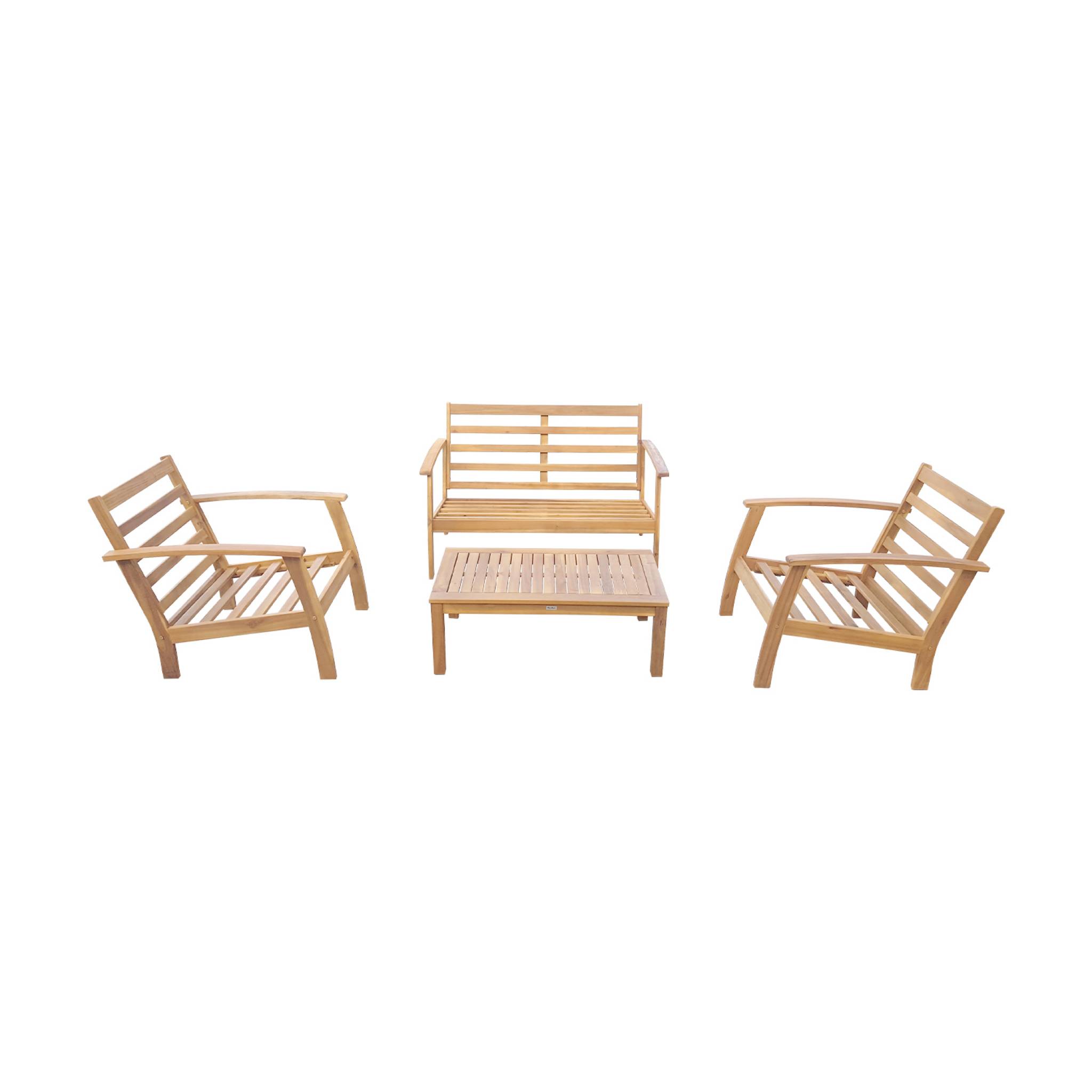 Salon de jardin en bois 4 places - Ushuaïa - Coussins bleu canard. canapé. fauteuils et table basse en acacia. design