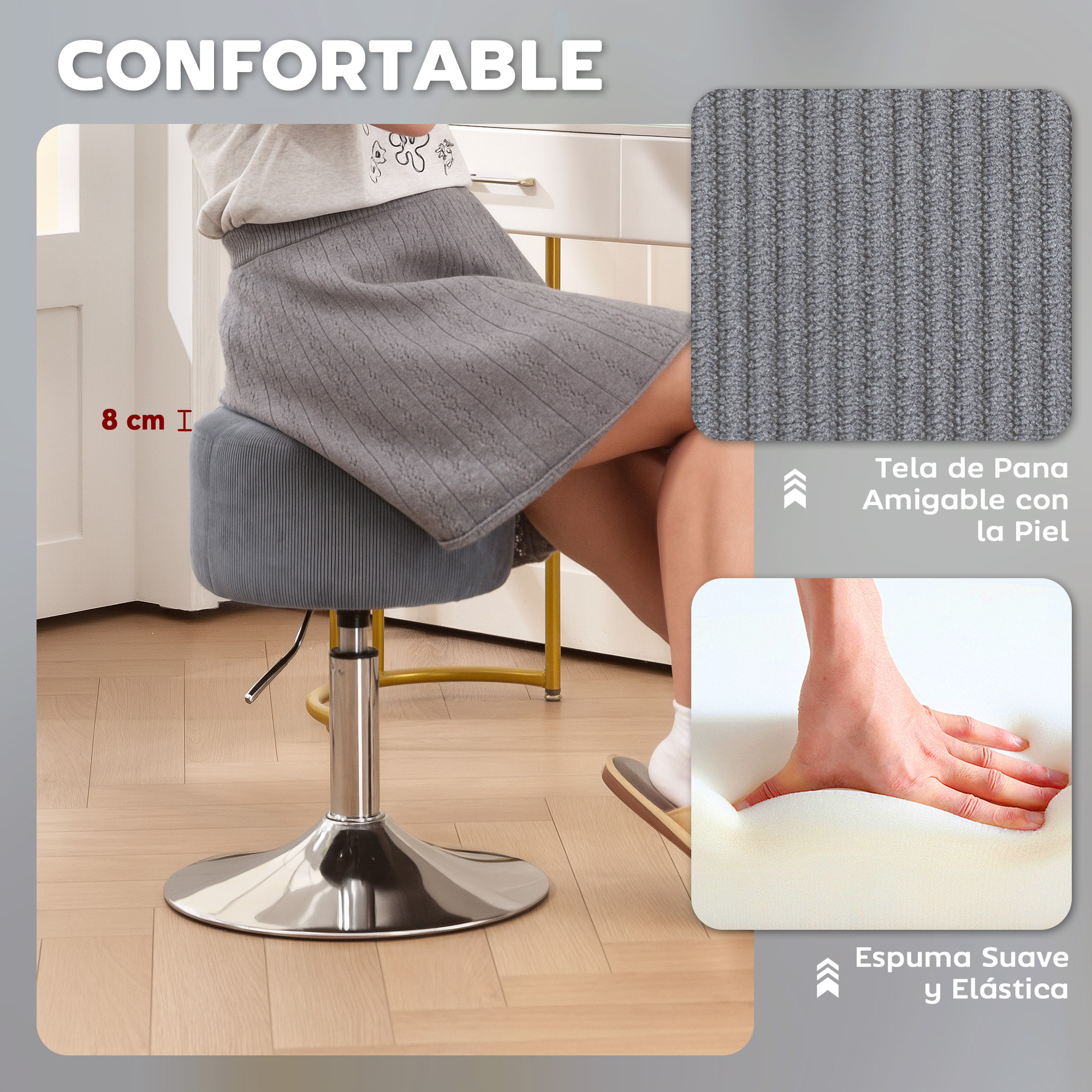 Taburete de Bar Taburete Alto de Cocina Regulable en Altura 52-66 cm Tapizado en Pana Giratorio en 360° para Comedor Tocador Mostrador Gris