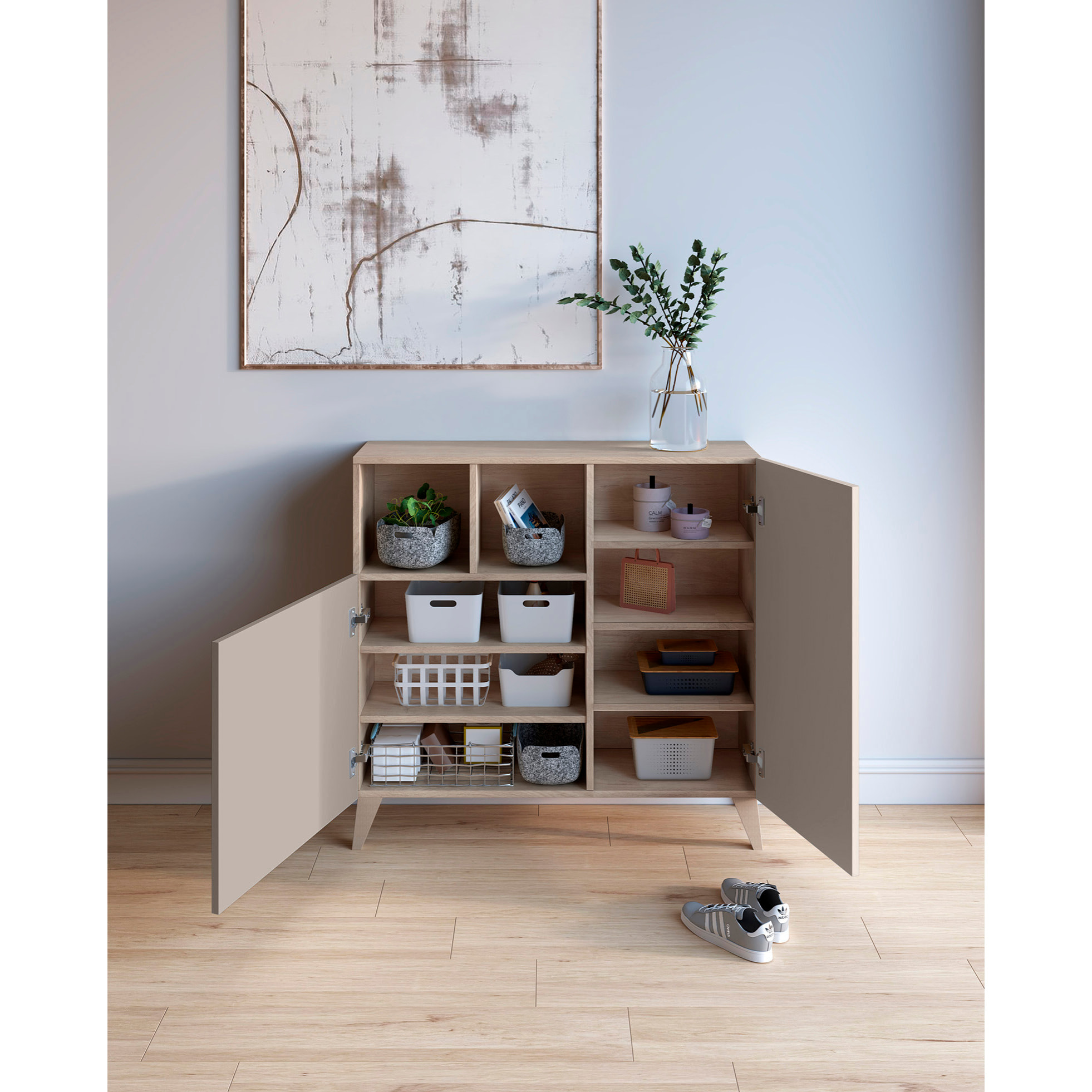 Zapatero Oslo melamina roble claro puertas arena 87x90x27 cm