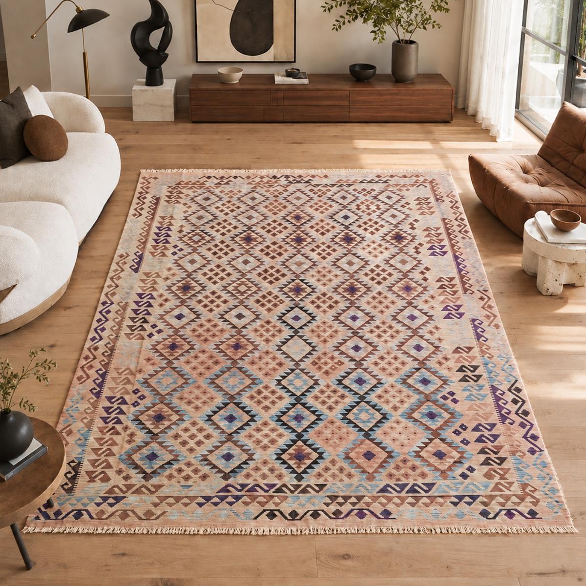 Tapis kilim au motif ethnique, tissé plat, laine, ZOJUBEF