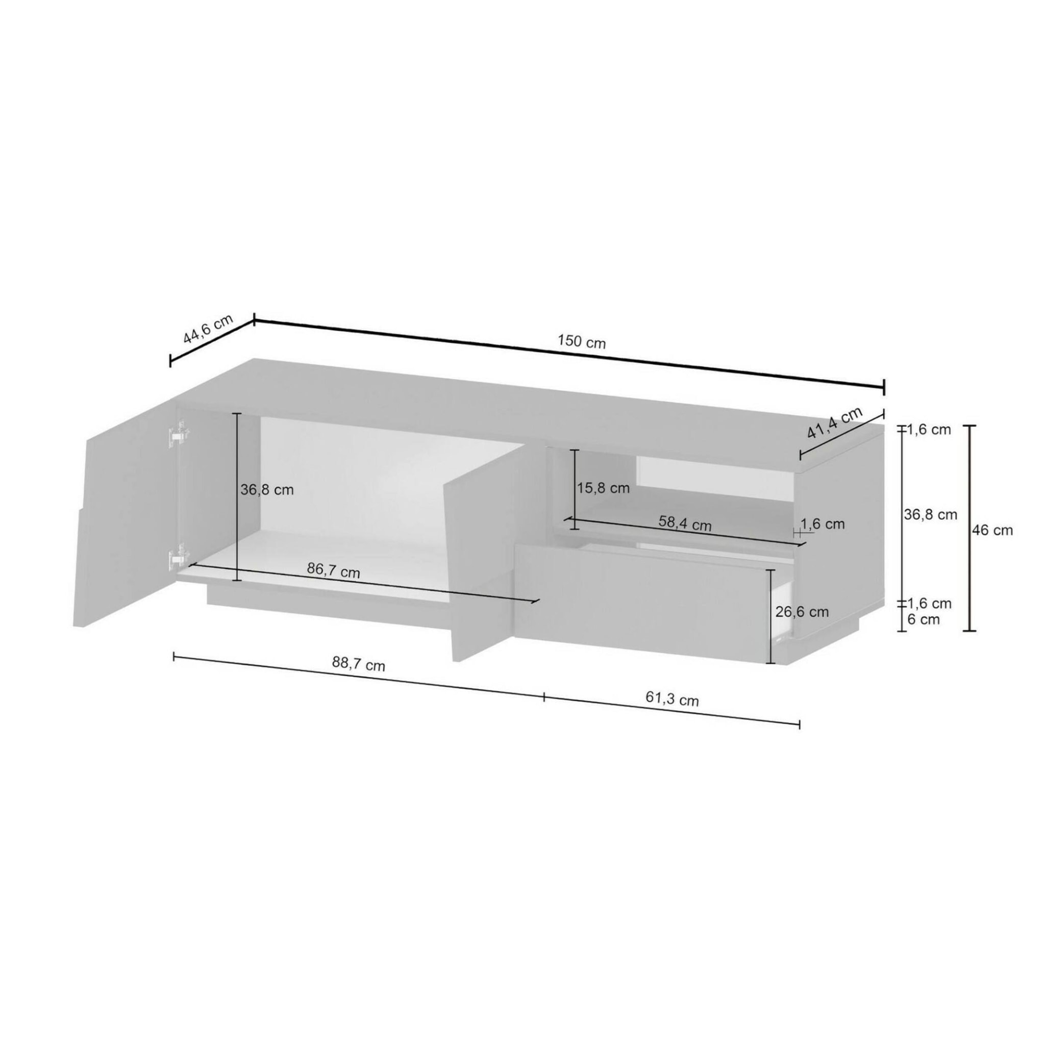 Mobile porta TV Dcoulibal, Credenza bassa da soggiorno con 2 ante e 1 cassetto, Base porta TV, 150x44h46 cm, Bianco lucido