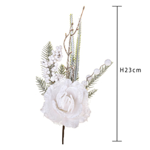 Pick Con Rosa E Bacche - Pezzi 12 - 10X34X8 - Colore: Bianco - Bianchi Dino - Articoli Natalizi